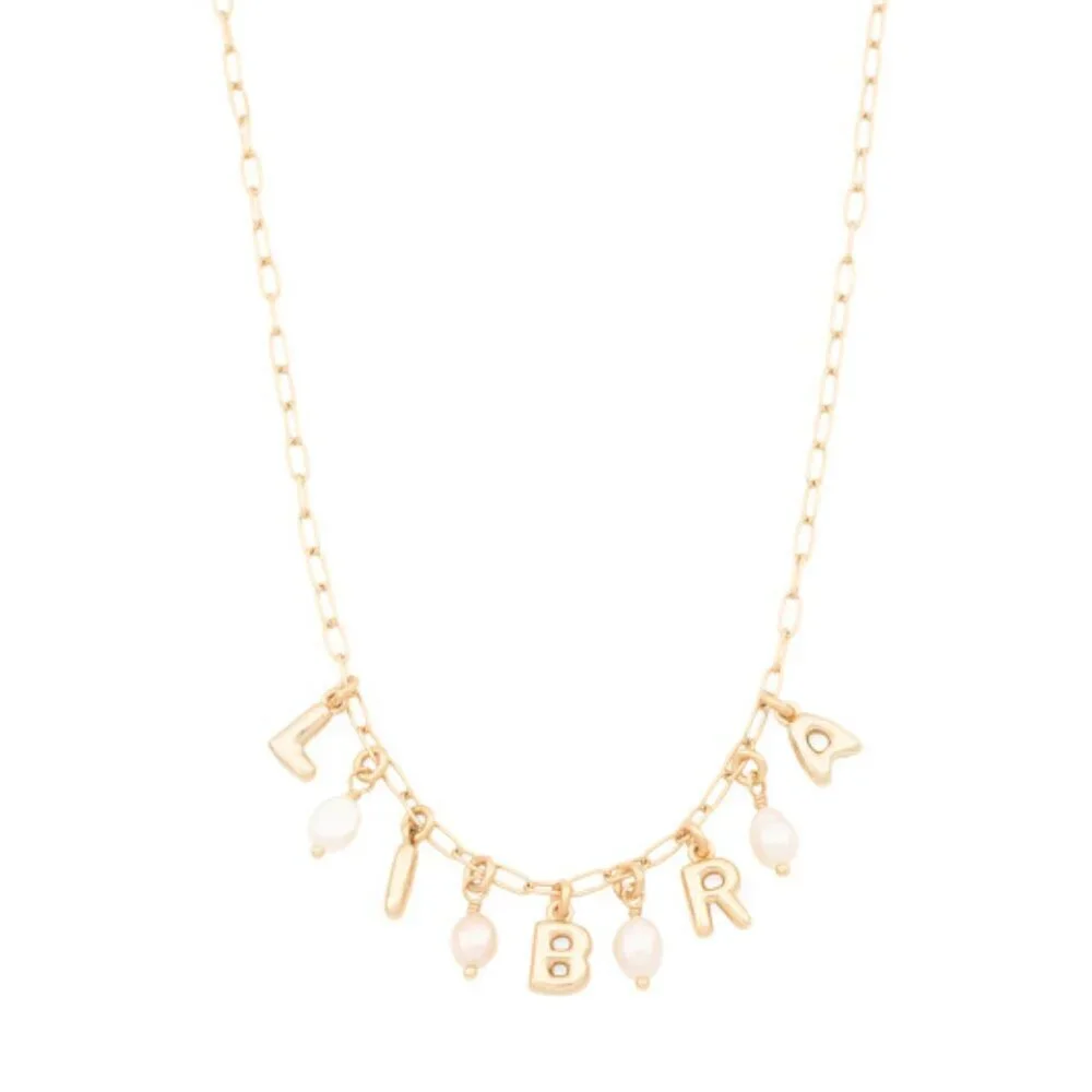 NWT LUNA NORTE Libra Gold Tone Pearl Astrological Lettering Necklace w/ Gift Box
